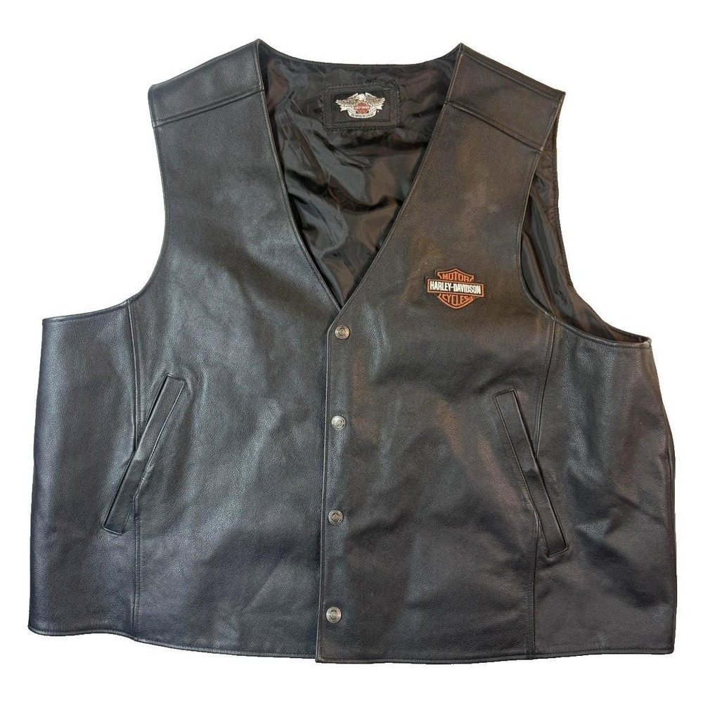 Harley-Davidson Vest Vintage Mens 3XL Black Leather Snap Accent Biker Motorcycle